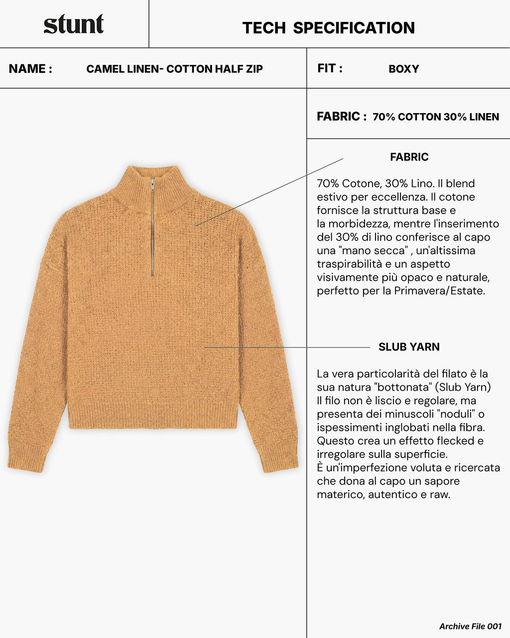 Camel linen-cotton Half Zip