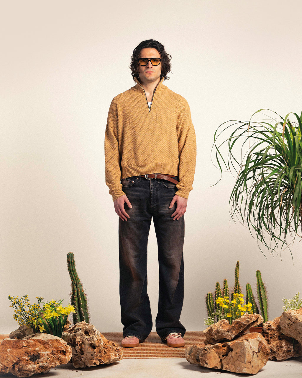 Camel linen-cotton Half Zip