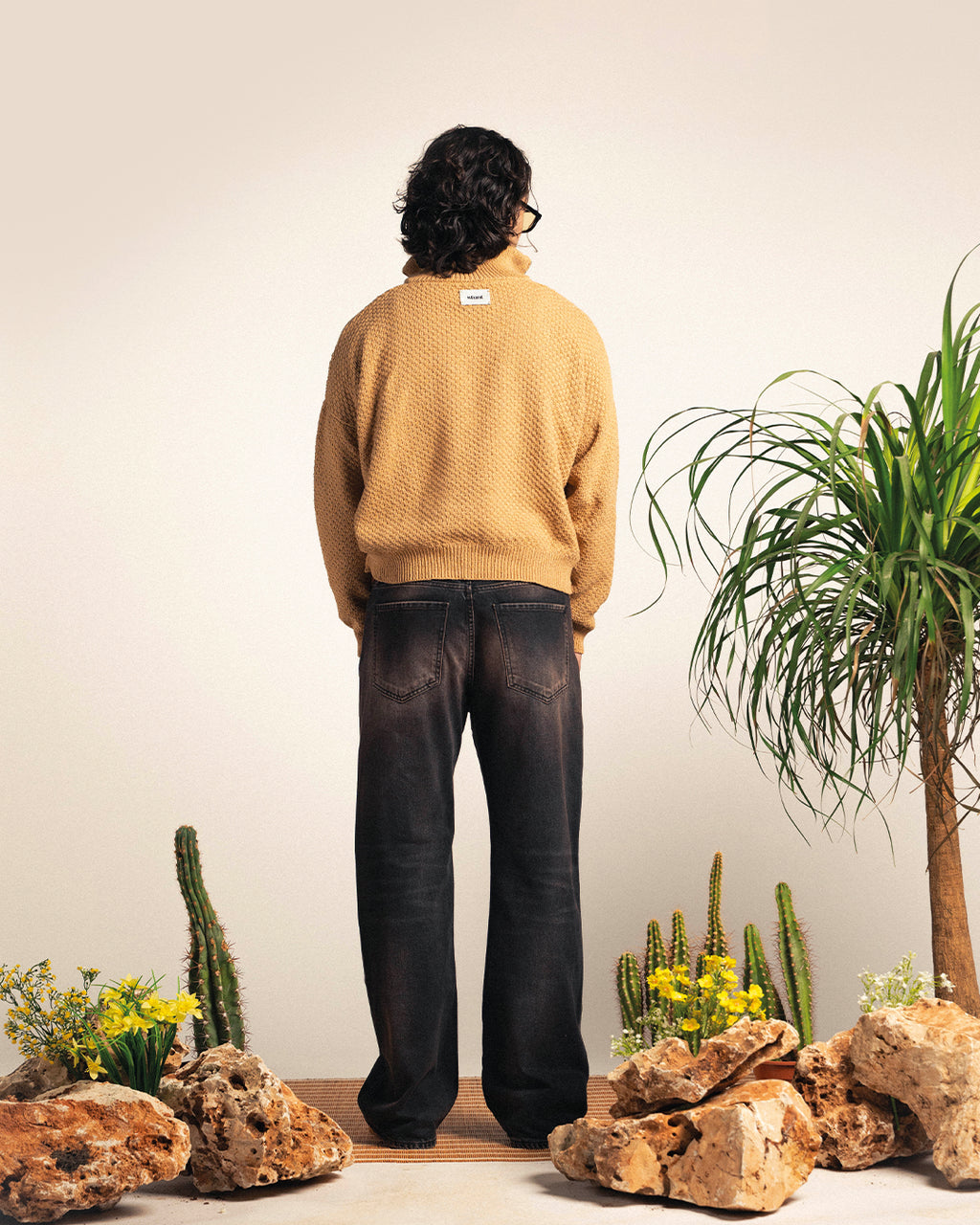 Camel linen-cotton Half Zip