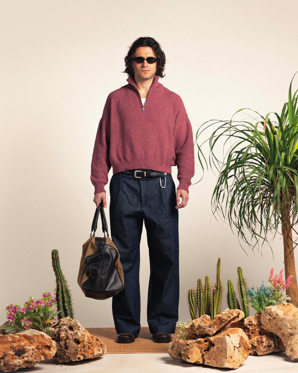Berry linen-cotton Half Zip
